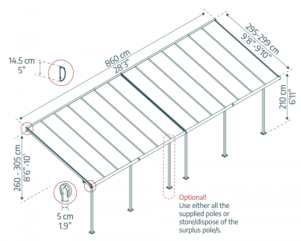 Palram-Canopia Terrassenüberdachung CAPRI 3x8.51 (299x860cm) 6mm HKP Grau